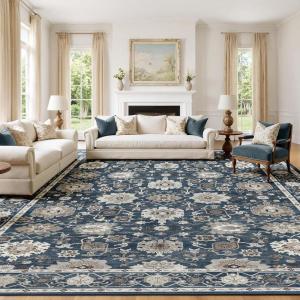 imageAMADA HOMEFURNISHING 9x12 Area Rug for Living Room Vintage Washable Area Rug LowPile amp NonSlip Carpet for Bedroom Dining Room Nursery Home Office Navy BlueBrownNavy BlueBrown