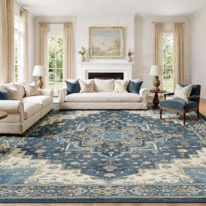 imageAMADA HOMEFURNISHING 9x12 Area Rug for Living Room Vintage Washable Area Rug LowPile amp NonSlip Carpet for Bedroom Dining Room Nursery Home Office Navy BlueBrownNavy BlueBeige