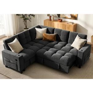 imageAMADA HOMEFURNISHING 110 Sectional Sleeper Sofa Modular Sectional Sofa with Pull Out Bed Storage USB Ports amp Cup Holders Sectional Couches for Living Room 7 Seat Chenille Cloud Couch Dark Gray  Breathable MultiZone StorageDark Grey