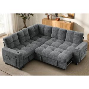imageAMADA HOMEFURNISHING 110 Sectional Sleeper Sofa Modular Sectional Sofa with Pull Out Bed Storage USB Ports amp Cup Holders Sectional Couches for Living Room 7 Seat Chenille Cloud Couch Dark Gray  Breathable MultiZone StorageLight Grey