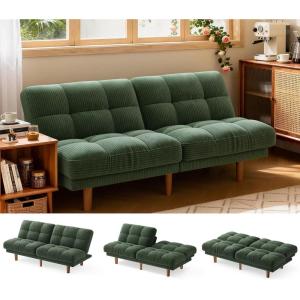 imageAMADA HOMEFURNISHING 65 Futon Sofa Bed Convertible Futon Couch with Adjustable Backrest Ergonomic Recliner Sleeper Sofa with Corduroy Fabric for Living Room Office Guest Room WhiteGreen