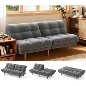 imageAMADA HOMEFURNISHING 65 Futon Sofa Bed Convertible Futon Couch with Adjustable Backrest Ergonomic Recliner Sleeper Sofa with Corduroy Fabric for Living Room Office Guest Room WhiteGrey