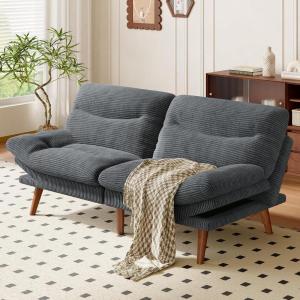 imageAmada 66 Convertible Futon Sofa Bed Corduroy Folding Futon Set with Adjustable Backrest ampArmrests Recliner Lounge for Living Room Apartment or Office Solid Wood Frame Loveseat Sofa  Grey  Corduroy
