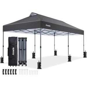 imageAmada 12x12 Pop Up Canopy  Center Lock One Push Instant Setup Wheeled Gazebo Outdoor Canopy Beach Tent with STONGo Bag 8 Stakes amp 4 Sand Bags 3Height Adjustable Shade Shelter 12x12ft Blue20x10Grey