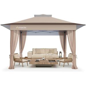 imageAmada 12x12 Pop Up Canopy  Center Lock One Push Instant Setup Wheeled Gazebo Outdoor Canopy Beach Tent with STONGo Bag 8 Stakes amp 4 Sand Bags 3Height Adjustable Shade Shelter 12x12ft Blue13x13Khaki
