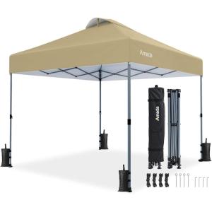 imageAmada 12x12 Pop Up Canopy  Center Lock One Push Instant Setup Wheeled Gazebo Outdoor Canopy Beach Tent with STONGo Bag 8 Stakes amp 4 Sand Bags 3Height Adjustable Shade Shelter 12x12ft BlueKhaki
